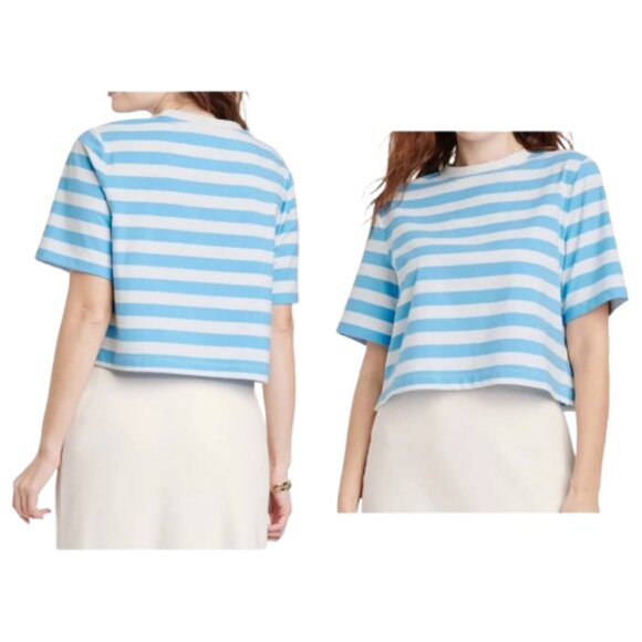 a new day Striped Cropped Crewneck T-Shirt Light Blue White NWT Boxy - Picture 1 of 13